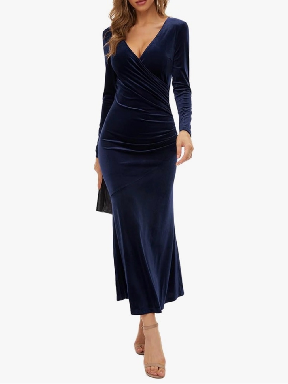 Long Sleeve Navy Velvet Wrap Maxi Dress
